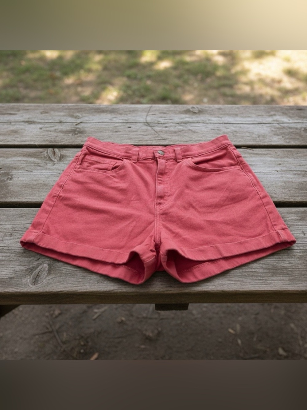 American Apparel - Coral Red High-Rise Denim Cuff Shorts - Size 30